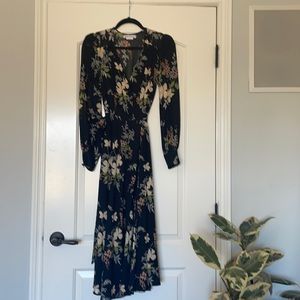 Reformation midi- long black floral wrap dress